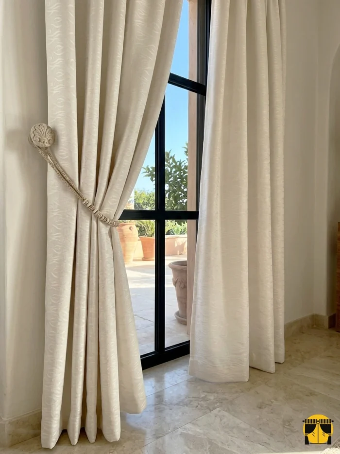 "Gordion alev çiçeği krem dökümlü fon perdenin organik mikro dokusu ve sıcak nötr tonunun salonda yarattığı huzurlu, premium ve modern atmosfer."