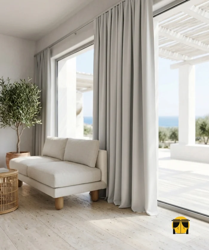 Estoril taş gri karartma blackout fon perdenin pürüzsüz mat dokusu ve doğal gri tonunun modern bir salonda yarattığı rafine ve minimalist atmosfer."