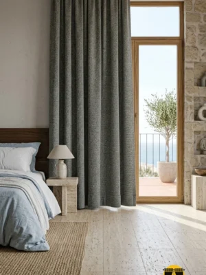 "Sessiz lüks veya modern minimalist yatak odası dekorasyonuna uygun, mat ve soft gri tonuyla odaya ferahlık kazandıran kaliteli kalın jakarlı perde görseli."