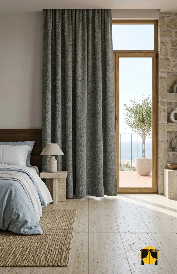 "Sessiz lüks veya modern minimalist yatak odası dekorasyonuna uygun, mat ve soft gri tonuyla odaya ferahlık kazandıran kaliteli kalın jakarlı perde görseli."