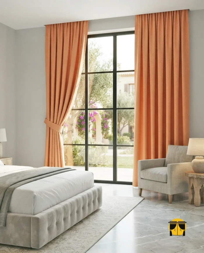 Yatak odası fon perdesi Gordion alev çiçeği yavruağzı turuncu modelinin dökümlü dokusunun ve sıcak tonunun modern bir yatak odasında yarattığı romantik ve dinlendirici atmosfer."